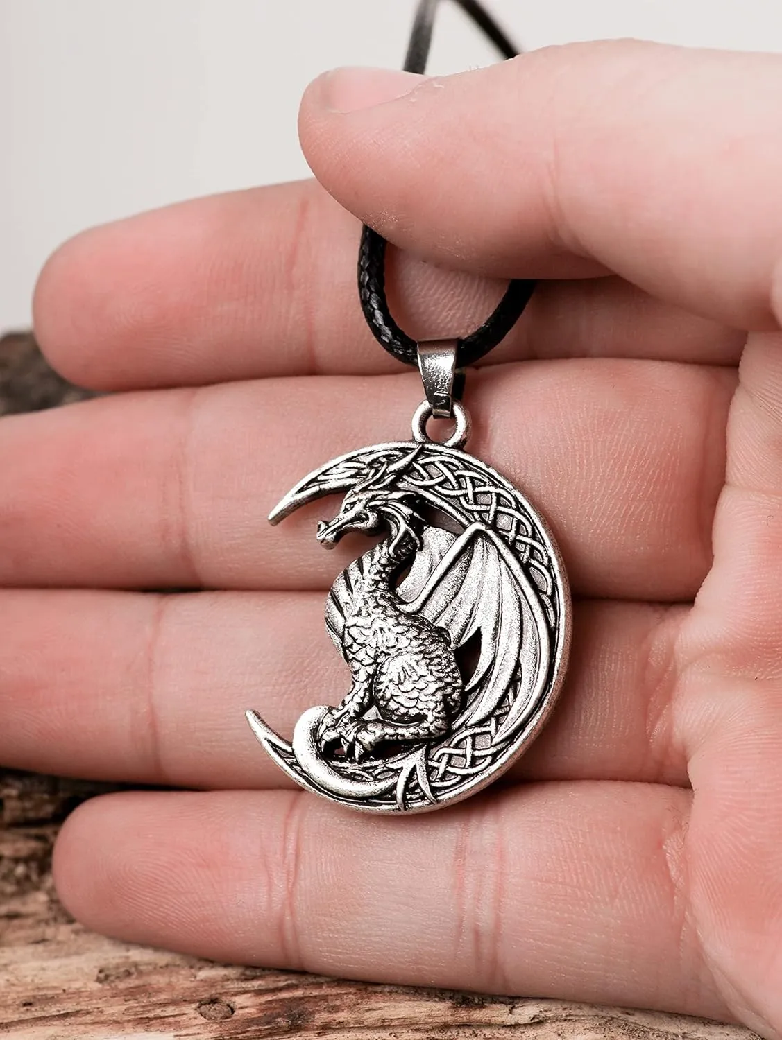 HAQUIL Dragon Necklace, Antique Medieval Dragon Pendant, Faux Leather Cord, Jewelry Gift for Men and Women