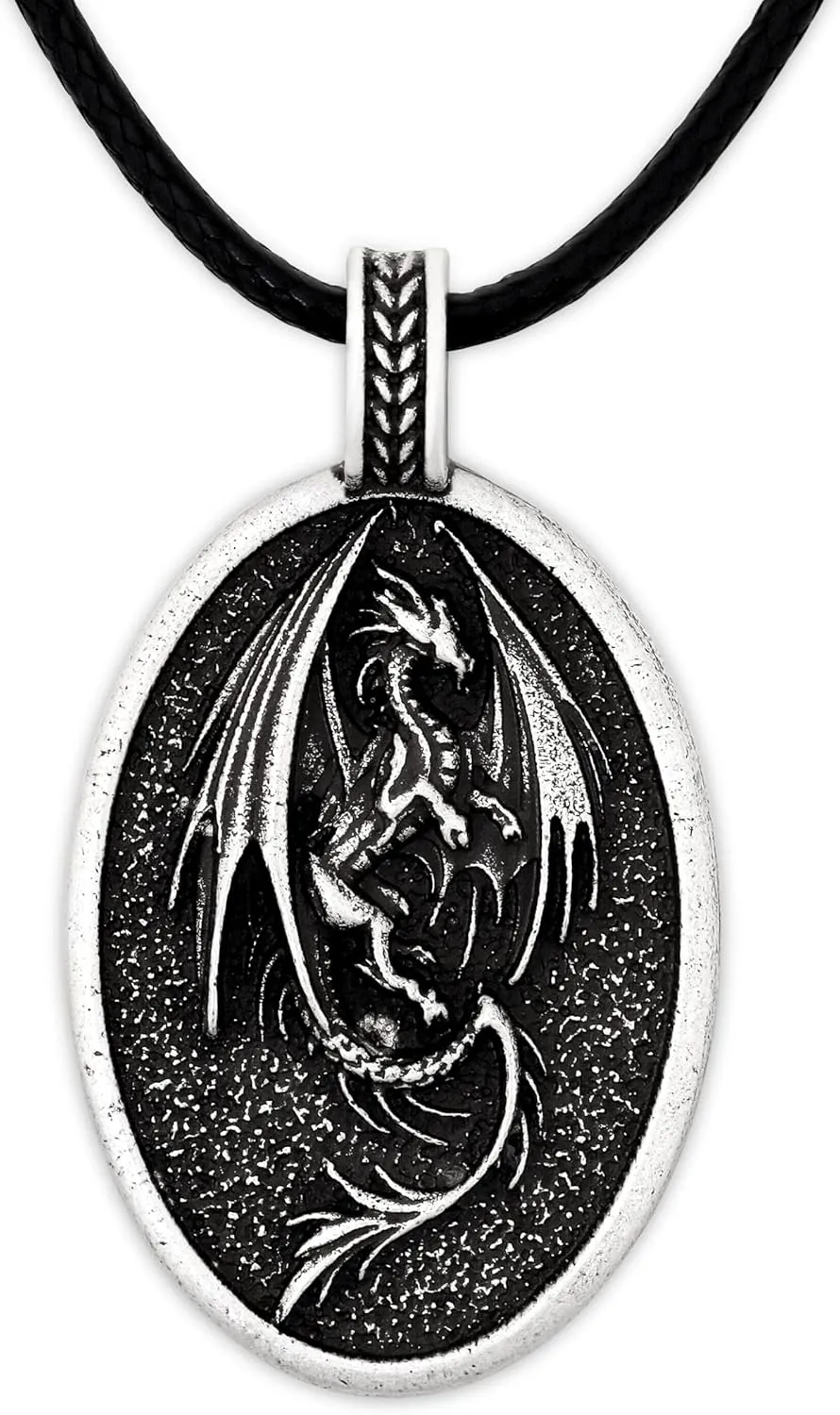 HAQUIL Dragon Necklace, Antique Medieval Dragon Pendant, Faux Leather Cord, Jewelry Gift for Men and Women