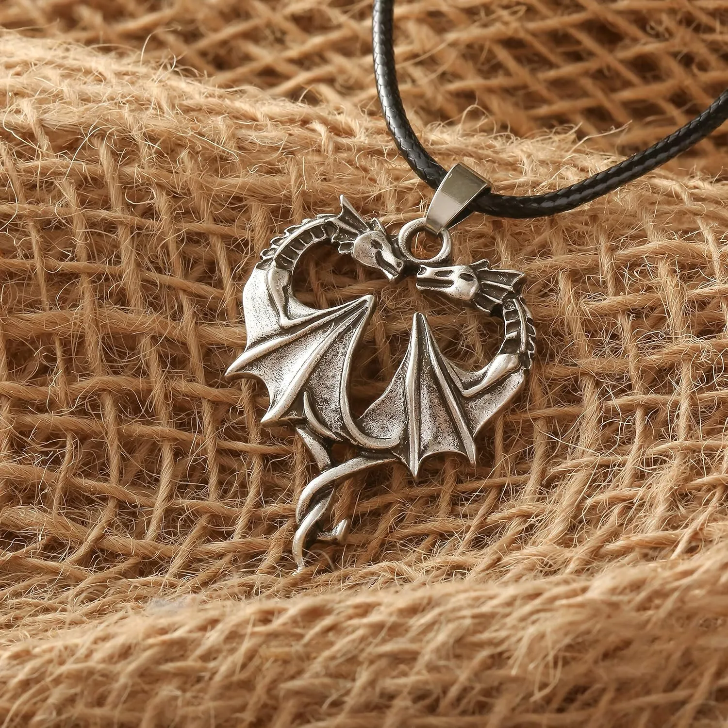 HAQUIL Dragon Necklace, Antique Medieval Dragon Pendant, Faux Leather Cord, Jewelry Gift for Men and Women