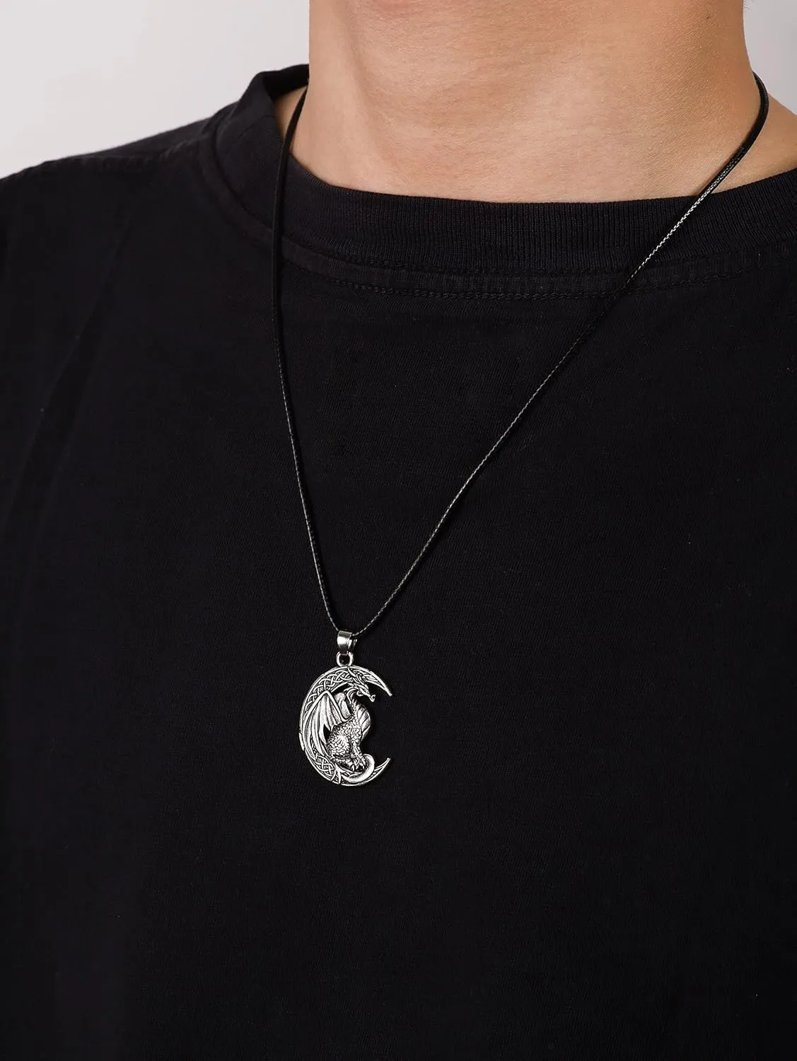 HAQUIL Dragon Necklace, Antique Medieval Dragon Pendant, Faux Leather Cord, Jewelry Gift for Men and Women