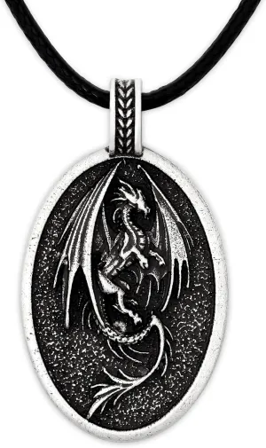 HAQUIL Dragon Necklace, Antique Medieval Dragon Pendant, Faux Leather Cord, Jewelry Gift for Men and Women