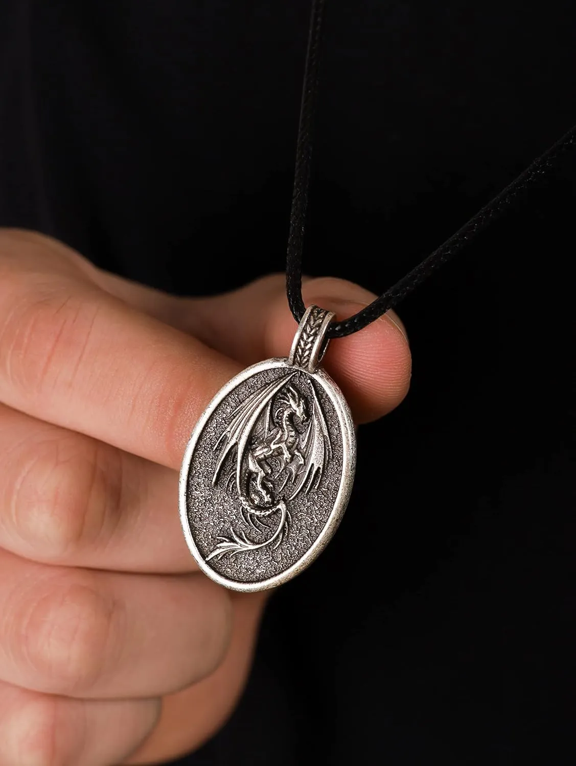 HAQUIL Dragon Necklace, Antique Medieval Dragon Pendant, Faux Leather Cord, Jewelry Gift for Men and Women