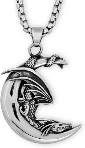 HAQUIL Dragon Necklace for Men, Stainless Steel Slumbering Dragon on Crescent Moon Pendant, Box Chain, Gift
