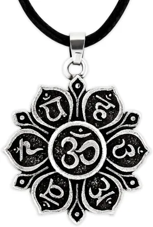 HAQUIL Mandala Flower of Life Necklace, Buddhist Lotus Flower Om Mandala Pendant, Faux Leather Cord