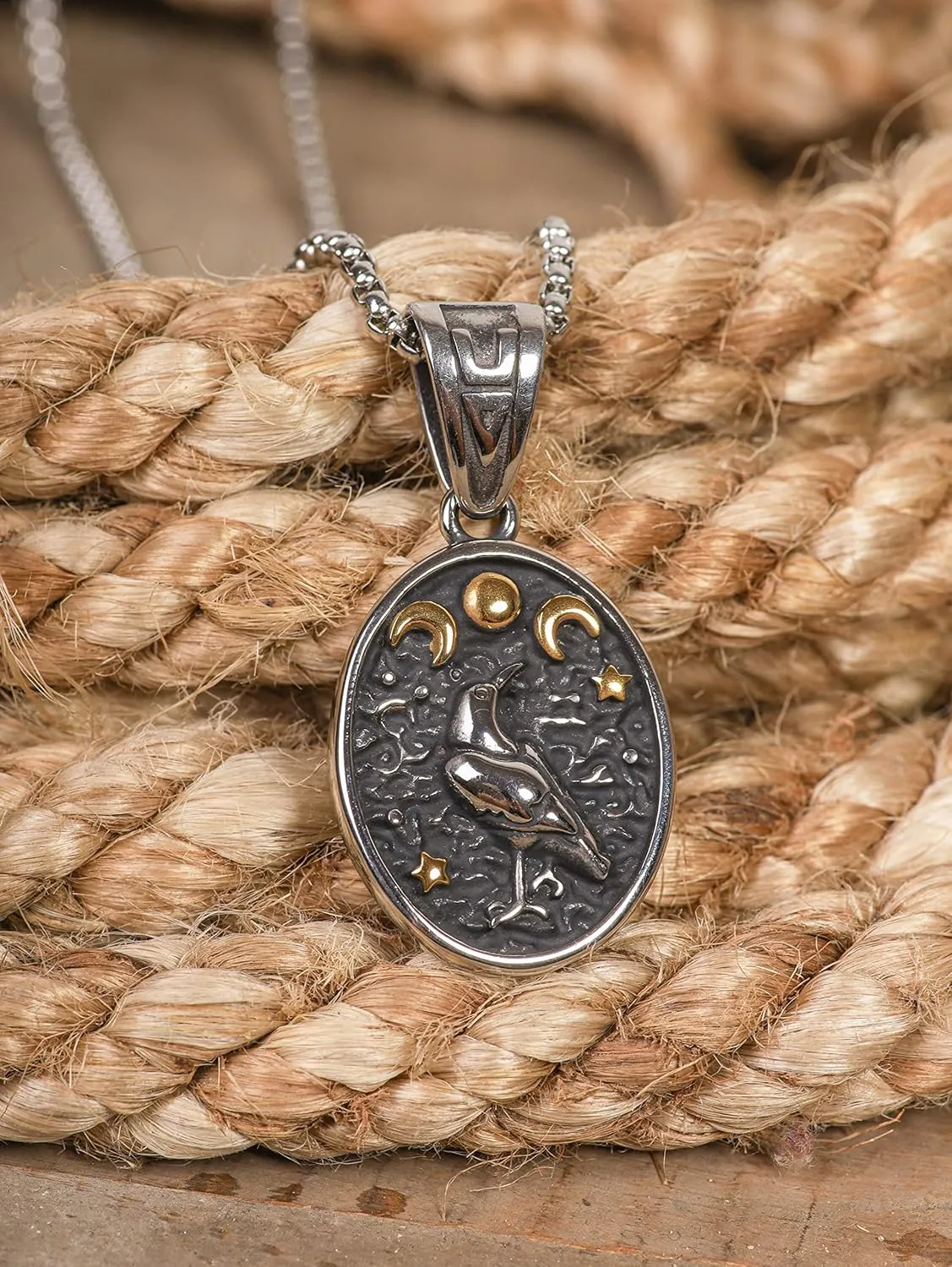 HAQUIL Raven Necklace, Wiccan Raven Triple Moon Goddess Charm Pendant, Raven Jewelry Gift for Men and Women