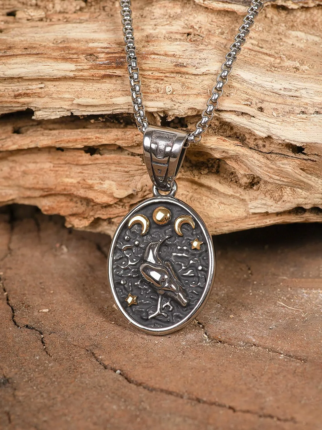 HAQUIL Raven Necklace, Wiccan Raven Triple Moon Goddess Charm Pendant, Raven Jewelry Gift for Men and Women