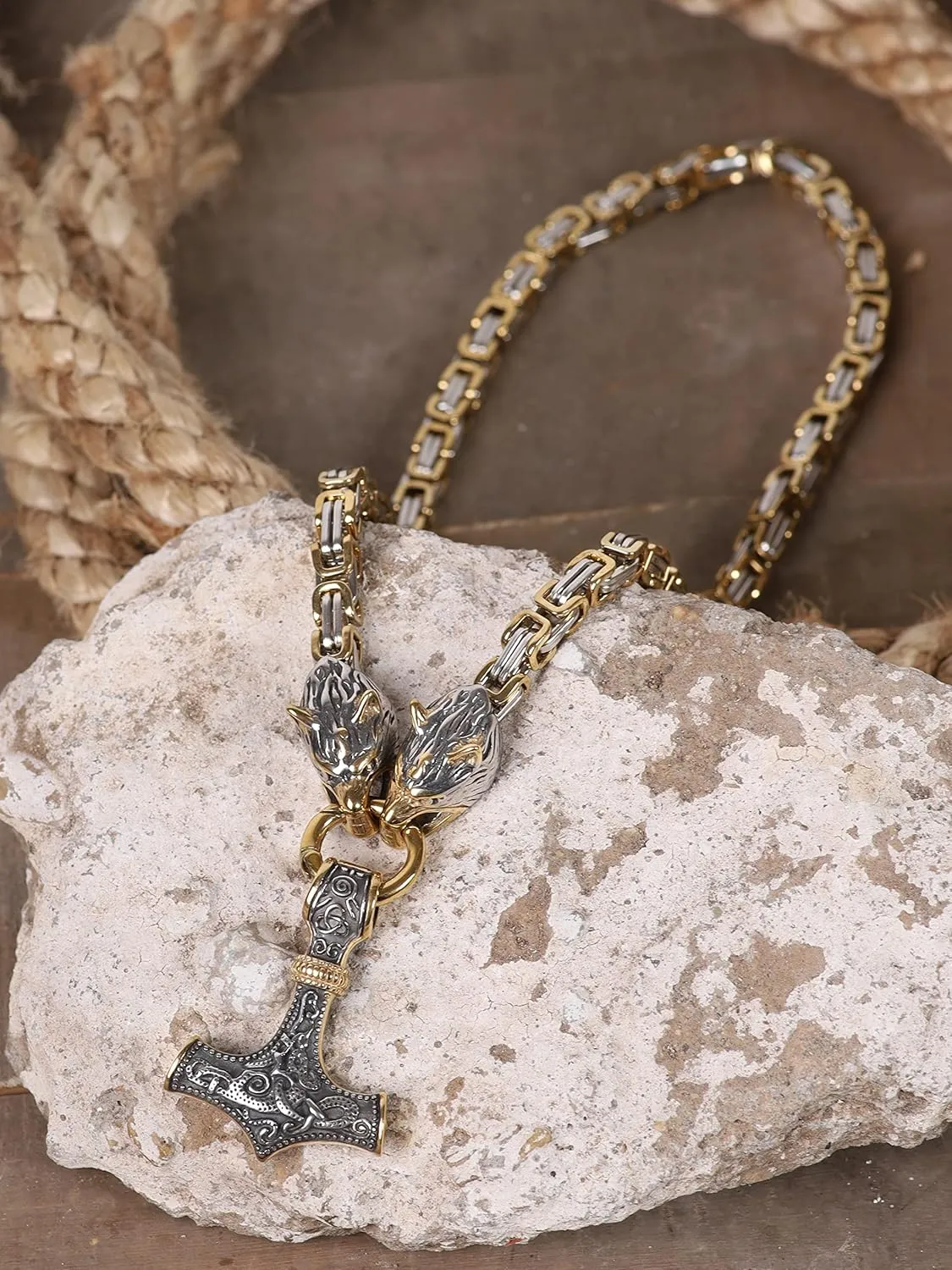 HAQUIL Viking Necklace for Men, Stainless Steel Mjolnir Pendant, Wolf Head King Chain, Viking Jewelry Gift for Men