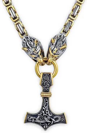 HAQUIL Viking Necklace for Men, Stainless Steel Mjolnir Pendant, Wolf Head King Chain, Viking Jewelry Gift for Men