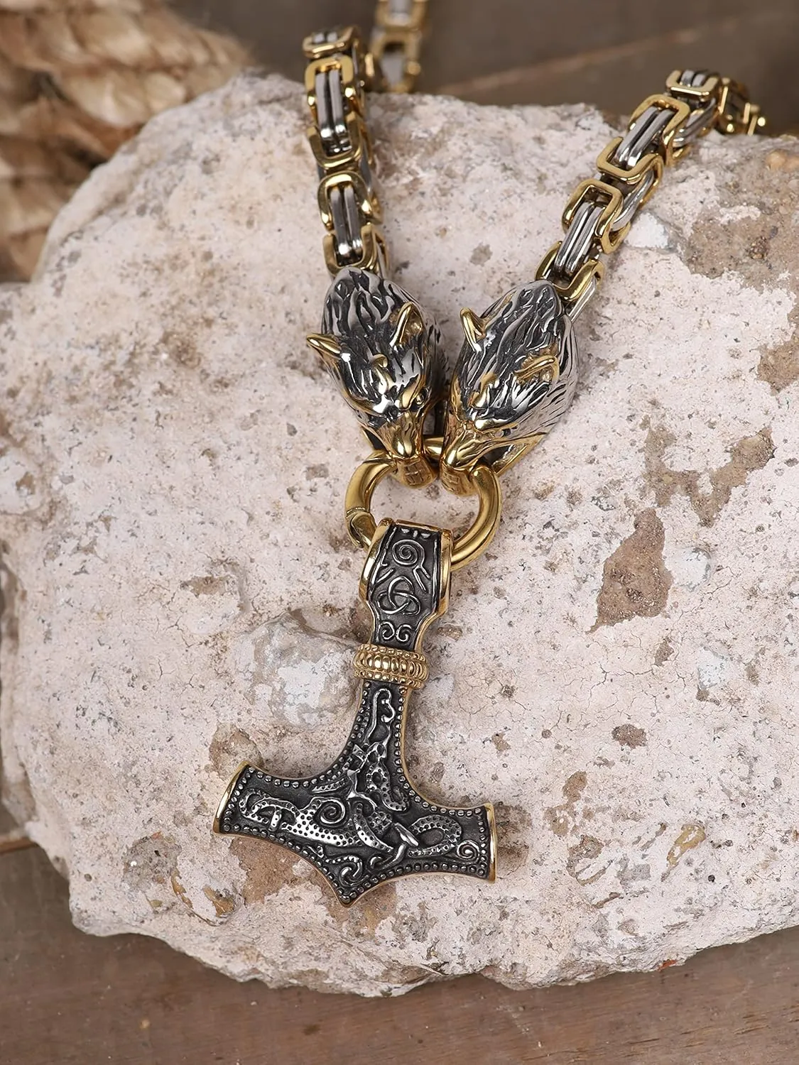 HAQUIL Viking Necklace for Men, Stainless Steel Mjolnir Pendant, Wolf Head King Chain, Viking Jewelry Gift for Men