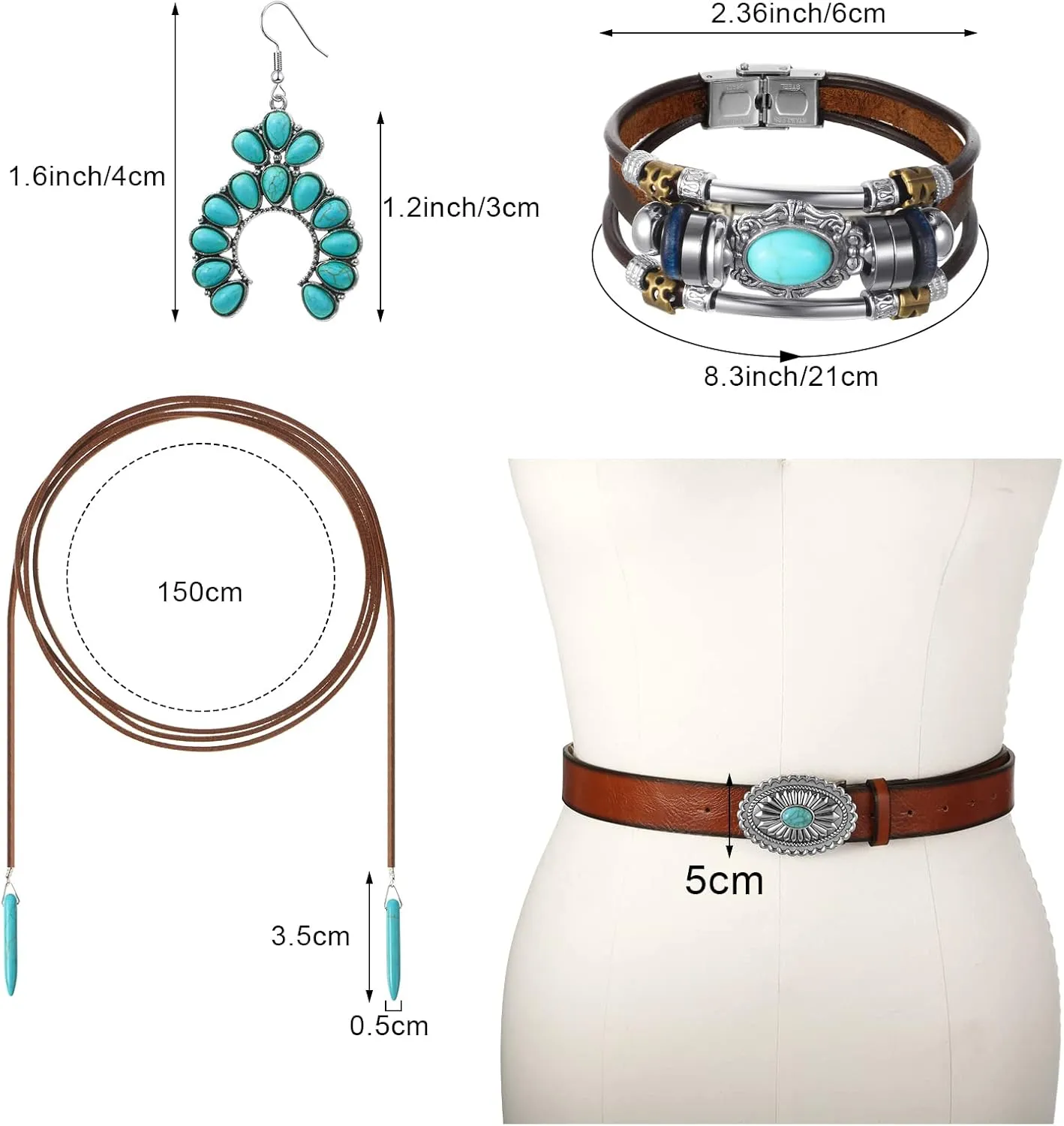Haysandy 4 Pcs Boho Turquoise Jewelry Set, Vintage Dangle Earrings, Bracelet, Adjustable Belt