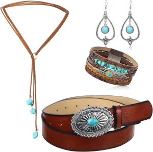 Haysandy 4 Pcs Boho Turquoise Jewelry Set, Vintage Dangle Earrings, Bracelet, Adjustable Belt