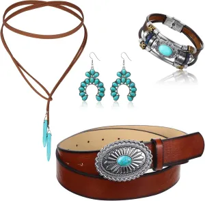 Haysandy 4 Pcs Boho Turquoise Jewelry Set, Vintage Dangle Earrings, Bracelet, Adjustable Belt