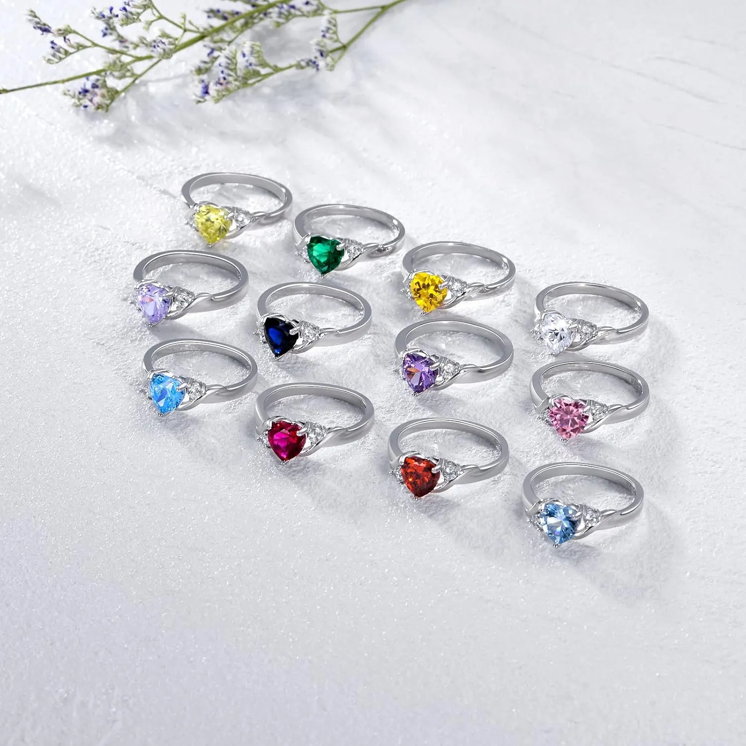 Heart Crystal Rings 925 Sterling Silver Minimalist Solitaire 12 Month Birthstone Rings Personalized Engraved Name Ring Birthday Promise Jewelry Gift for Women (with Gift Box)