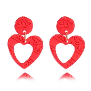 Heart Earrings for Women Girls Unique Handmade Romantic Bohemian Polymer Clay Pink Red Double Love Heart Dangling Drop Statement Earrings Valentine's Day Jewelry Gift (Red Hollow Flower Heart)