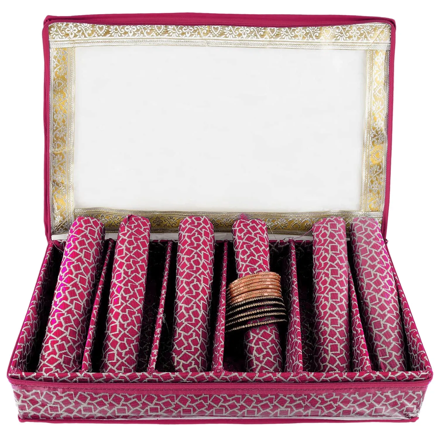 Heart Home Multipurpose Multi Saqare Design Laminated 6 Rod Bangle Box/Organizer/Case With Tranasparent Top - Pack of 2 (Pink)-47HH0311