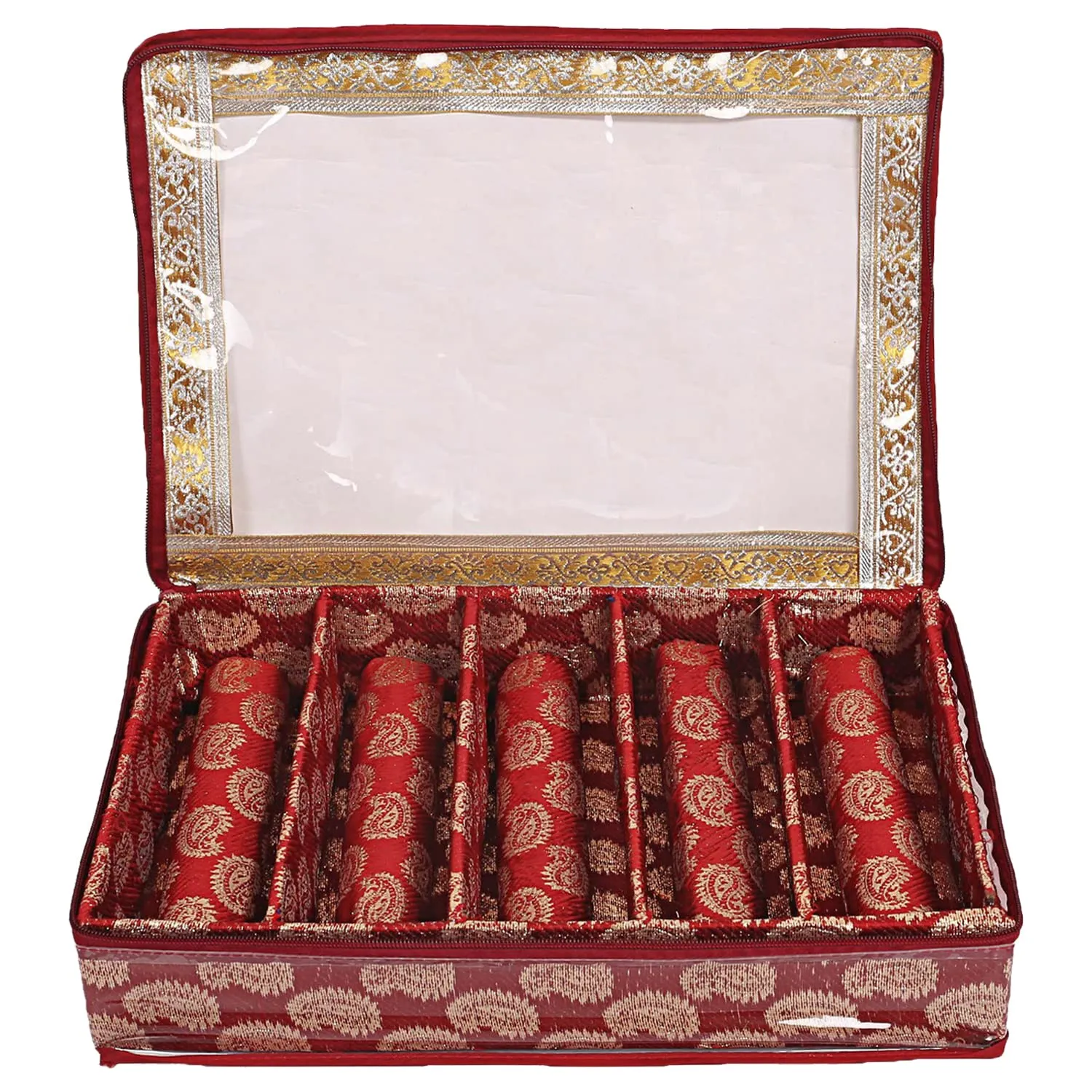 Heart Home Multipurpose Teardrop Pattern Laminated 5 Rod Bangle Box/Organizer/Case With Tranasparent Top - Pack of 2 (Red)-47HH0499