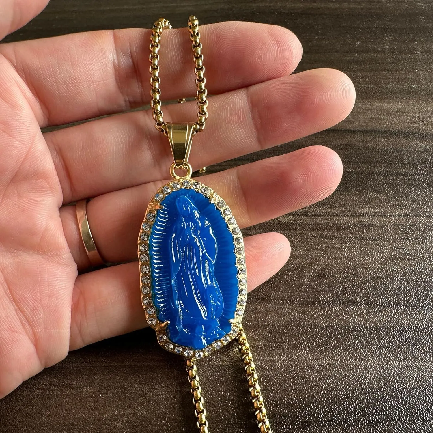 Hip Hop Faux Jade Stone Necklace Stainless Steel Lady of Guadalupe Pendant Necklace 18K Gold Plated Rhinestones Necklace