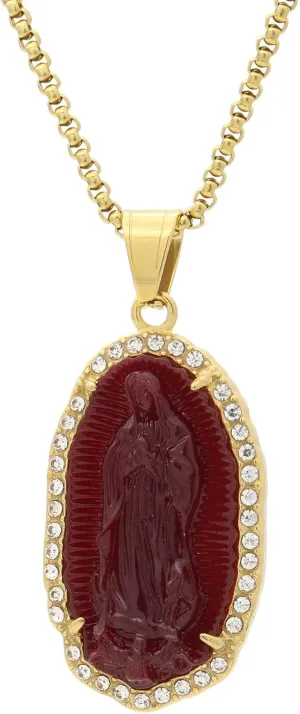 Hip Hop Faux Jade Stone Necklace Stainless Steel Lady of Guadalupe Pendant Necklace 18K Gold Plated Rhinestones Necklace