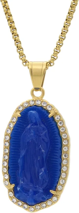 Hip Hop Faux Jade Stone Necklace Stainless Steel Lady of Guadalupe Pendant Necklace 18K Gold Plated Rhinestones Necklace