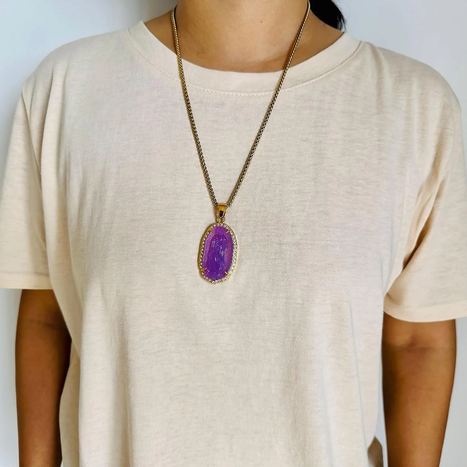 Hip Hop Faux Jade Stone Necklace Stainless Steel Lady of Guadalupe Pendant Necklace 18K Gold Plated Rhinestones Necklace