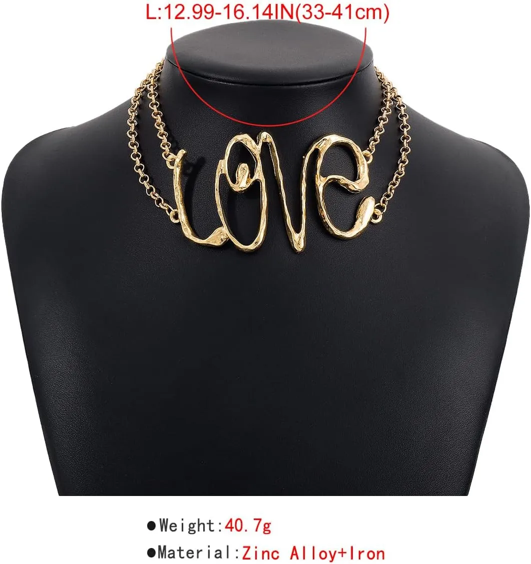 Hip Hop Love Statement Necklace for Women 14K Gold Chunky Layered Liquid Love Collarbone Chain Minimalist Love Choker Valentine's Day Jewelry Gifts
