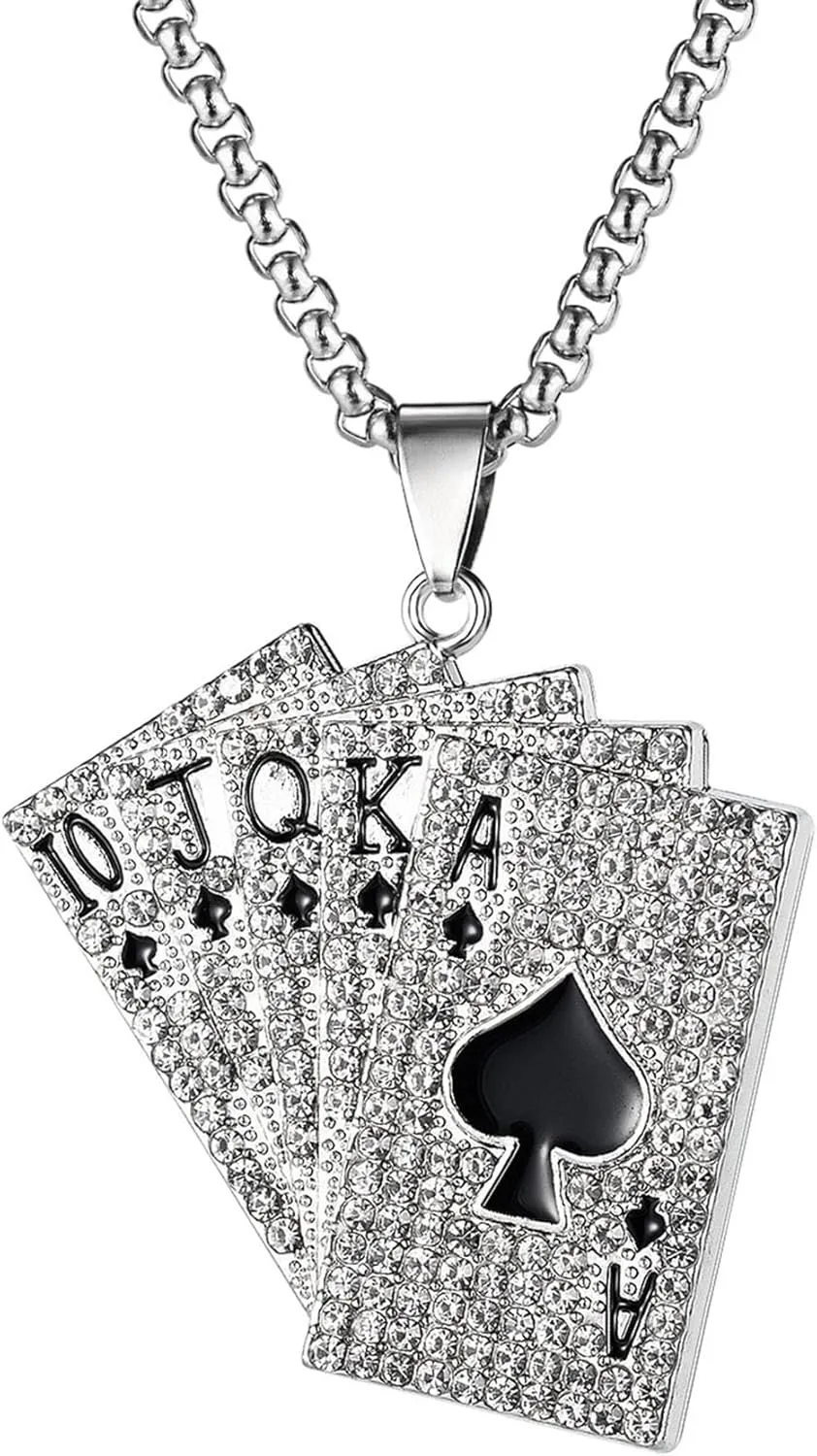 Hip Hop Rapper Iced out Necklace Alloy Playing Card Poker Pendant Necklace Rhinestones Ace of Spades Necklace