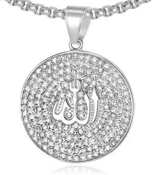 Hip Hop Rapper Iced Out Stainless Steel Allah Pendant Round Necklace With Rhinestones Arabic Medallion