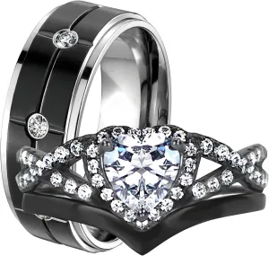 His and Hers Black Wedding Ring Set Matching Couples Rings for Women Men Him Her