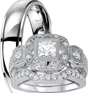 His His Hers Rings Wedding Ring Set CZ Bridal Sets Couple Rings Silver Bride Titanium Groom 9/10