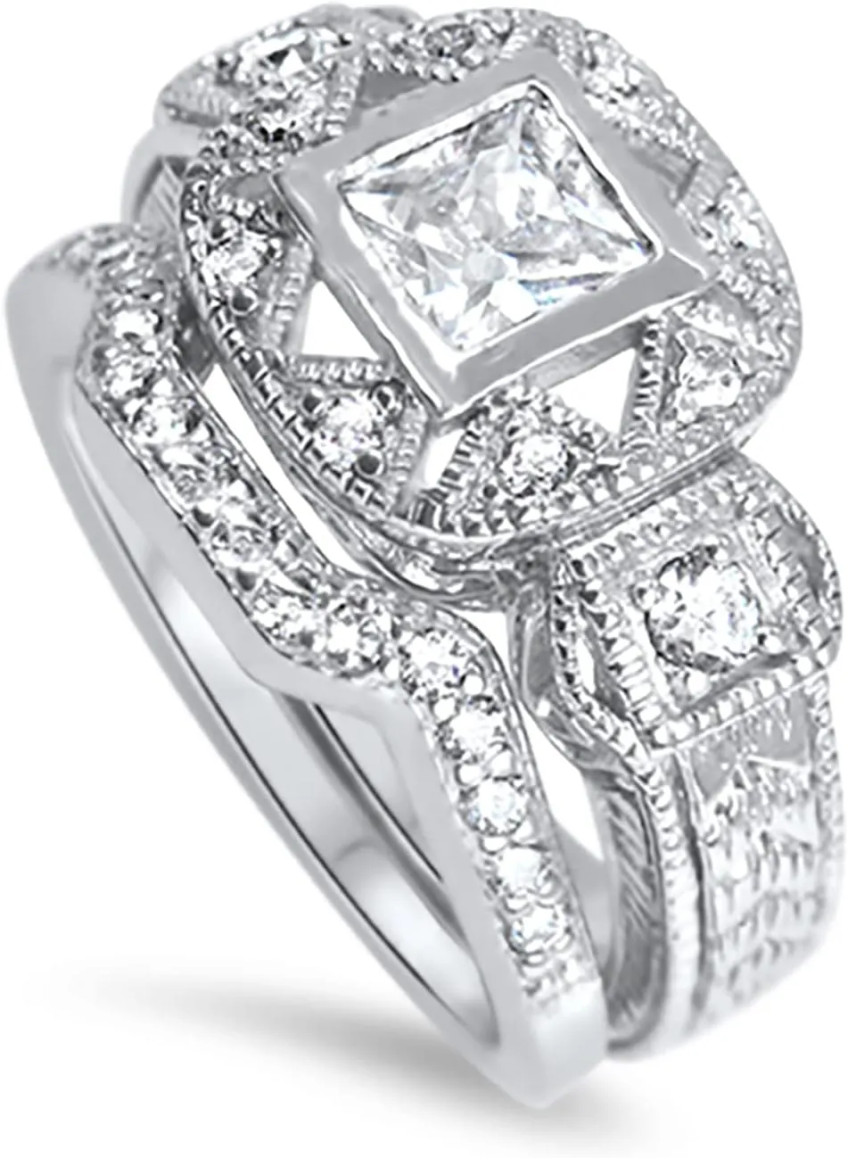 His His Hers Rings Wedding Ring Set CZ Bridal Sets Couple Rings Silver Bride Titanium Groom 9/10