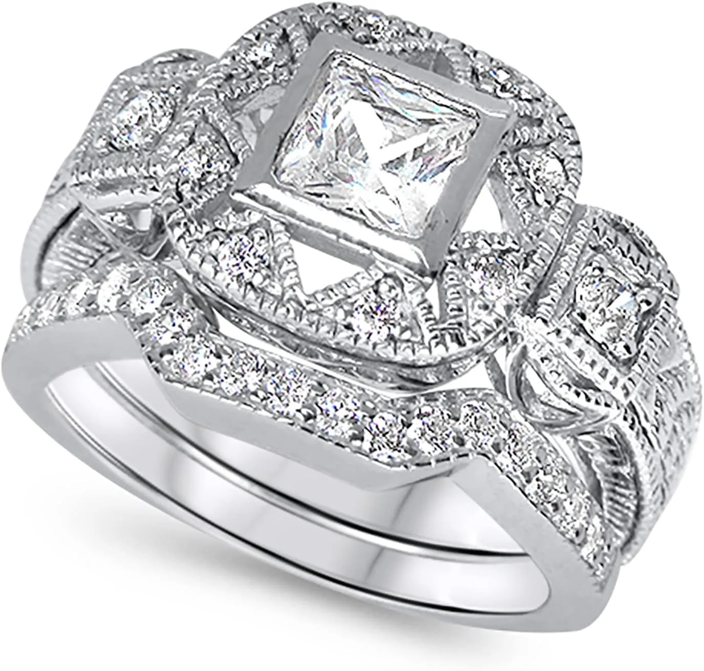 His His Hers Rings Wedding Ring Set CZ Bridal Sets Couple Rings Silver Bride Titanium Groom 9/10