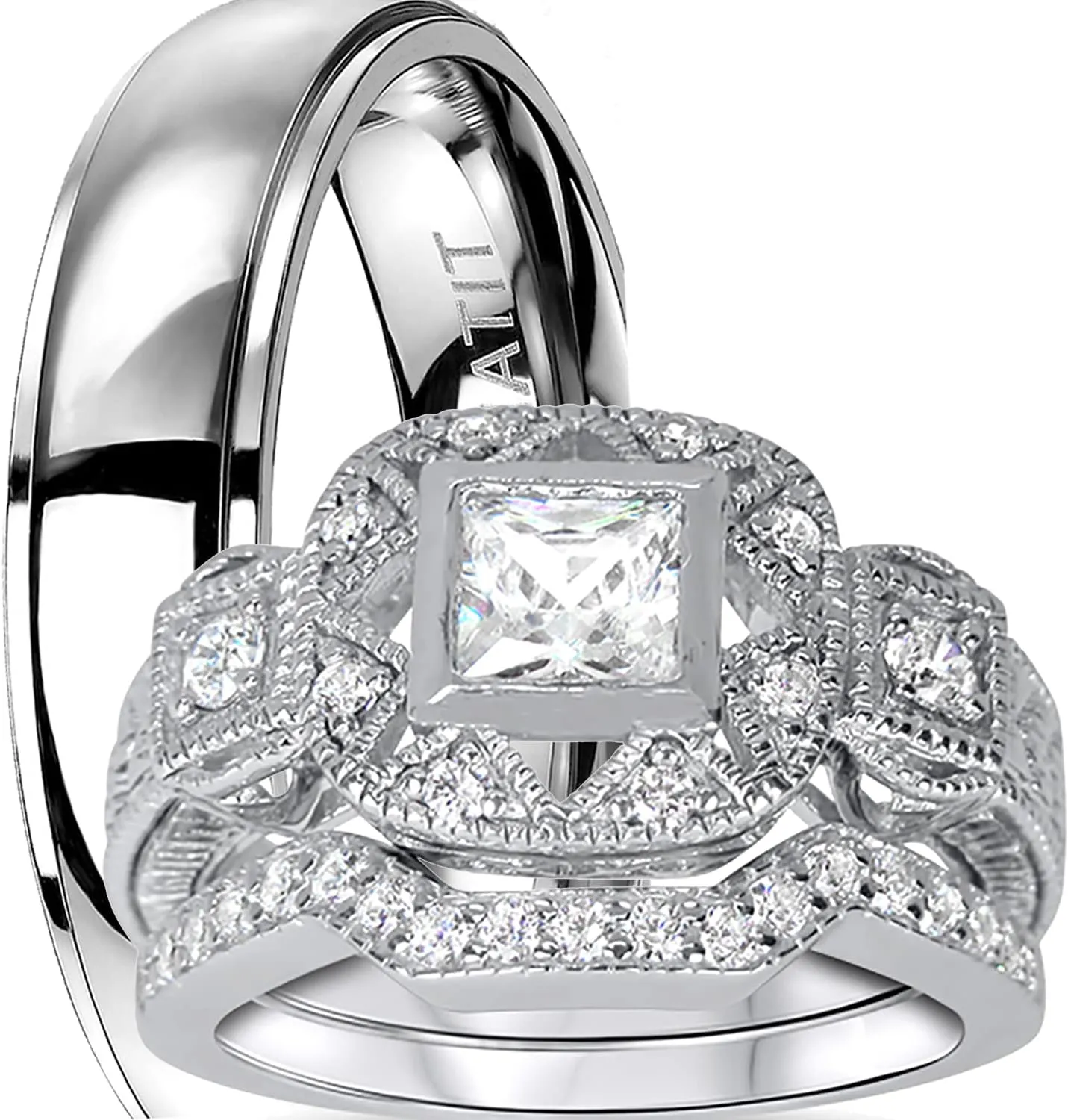 His His Hers Rings Wedding Ring Set CZ Bridal Sets Couple Rings Silver Bride Titanium Groom 9/10