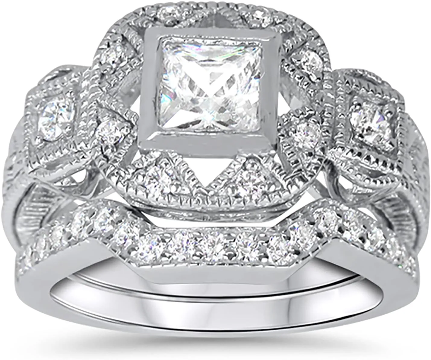 His His Hers Rings Wedding Ring Set CZ Bridal Sets Couple Rings Silver Bride Titanium Groom 9/10