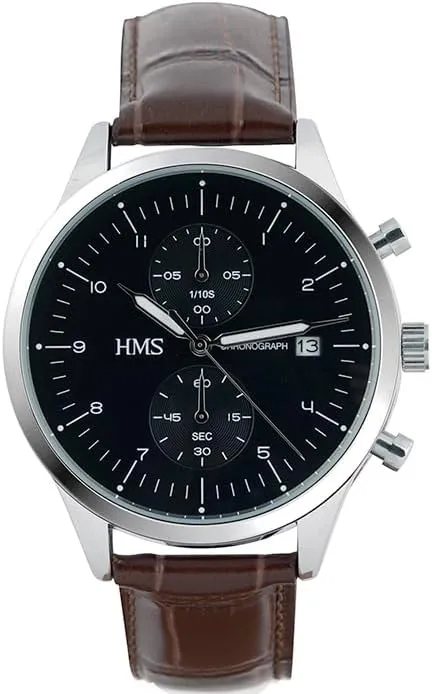 HMS, Classic Mens Dress Watch with Chronograph, 25903, 42mm, Brown/Black Leather Strap