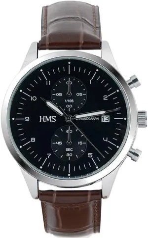 HMS, Classic Mens Dress Watch with Chronograph, 25903, 42mm, Brown/Black Leather Strap