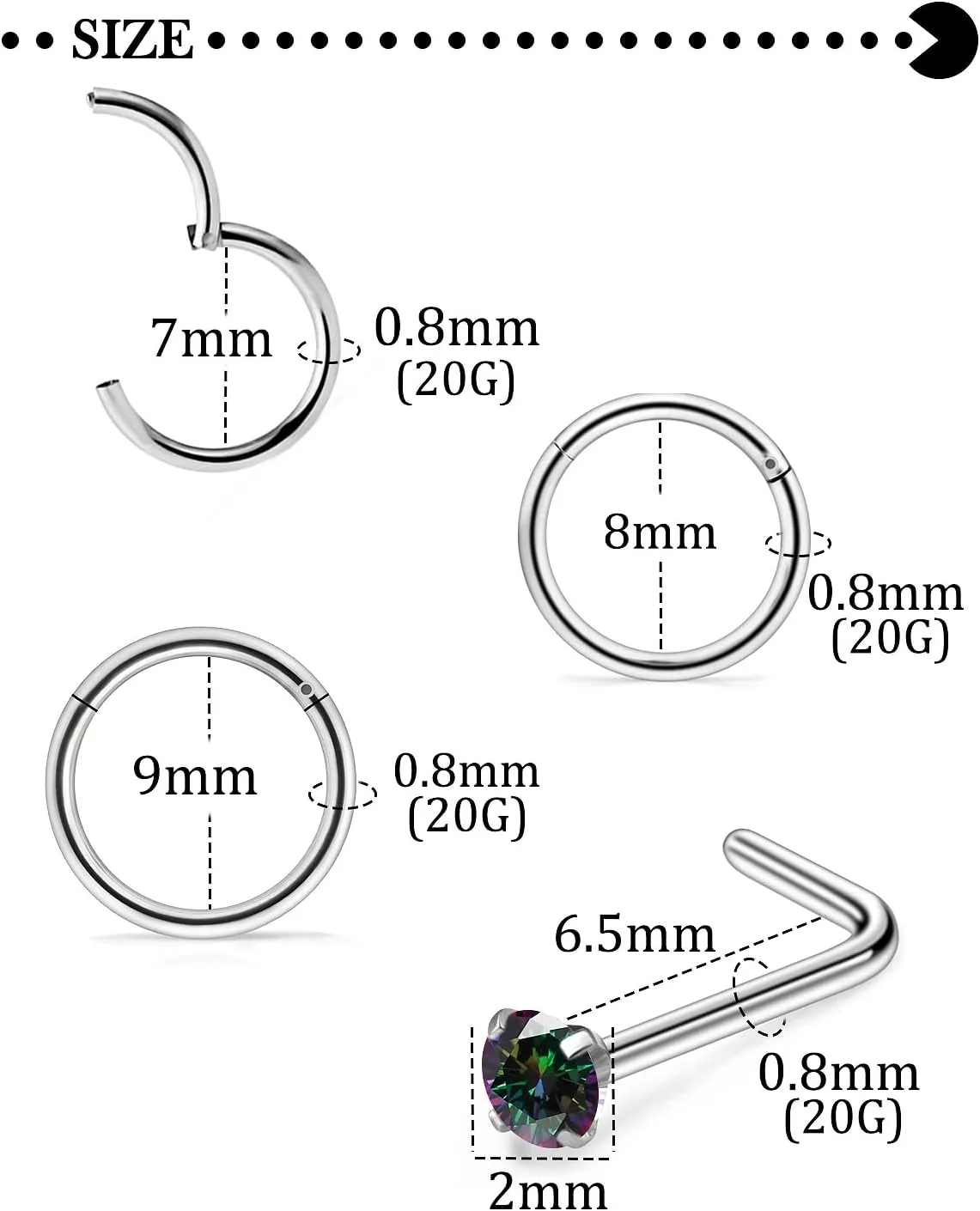 Hoeudjo Nose Rings Surgical Steel Nose Piercings Hinged Clicker Segment Nose Rings Hoops for Women Hypoallergenic L Shaped Nose Studs Piercing Jewelry 20g 18g