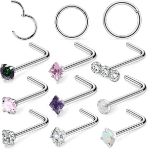 Hoeudjo Nose Rings Surgical Steel Nose Piercings Hinged Clicker Segment Nose Rings Hoops for Women Hypoallergenic L Shaped Nose Studs Piercing Jewelry 20g 18g