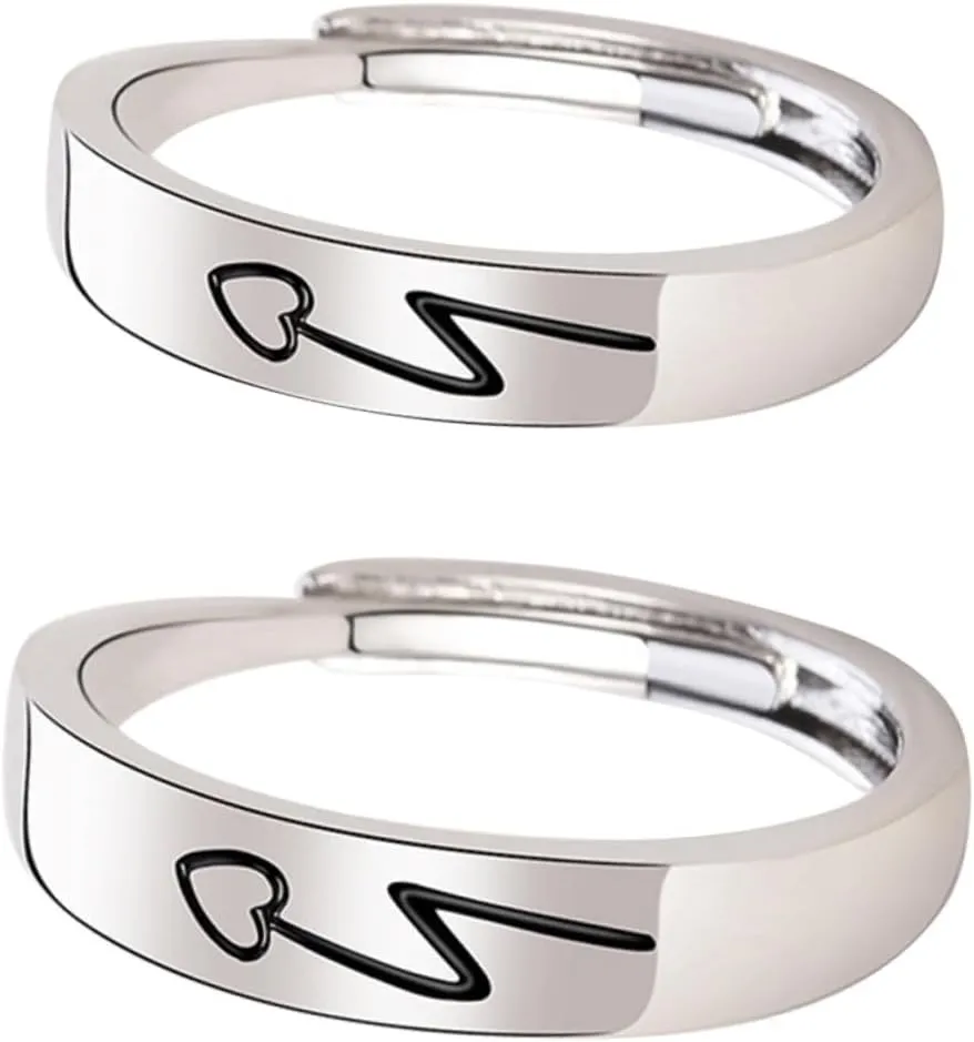Homoyoyo 2pcs Silver Couples Ring Adjustable Finger Jewelry Heart Open Ring Set