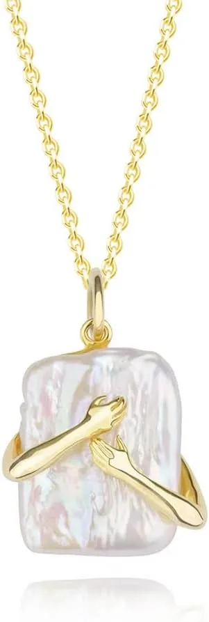 Hug Pearl Pendant Necklace for Women Girls Couples 18K Gold Plated Love You Forever Statement Imitation Pearls Adjustable Link Chain Necklaces Valentine's Day Birthday Anniversary Jewelry Gift 19 Inches
