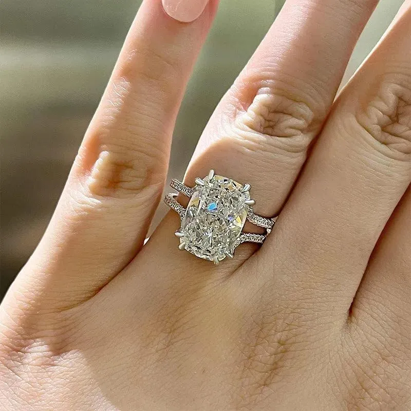 Huge Shiny Elongated Cushion Cut Bridal Engagement Ring for Women,Cubic Zirconia CZ Platinum Plated Silver Wedding Rings Simulated Diamond Promise Ring7