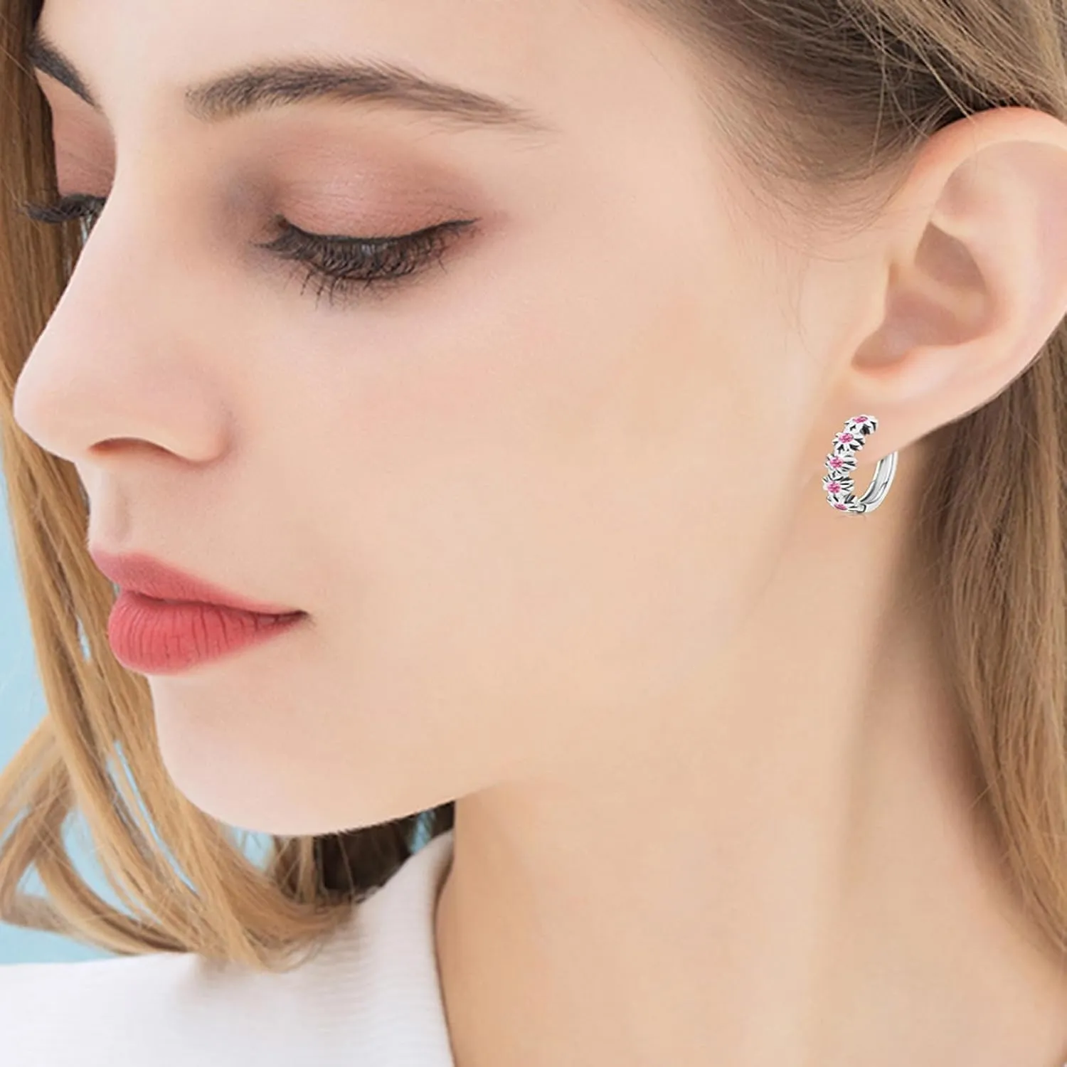 Huggie Earrings for Women Hypoallergenic Earrings for Girls Mini 14K Yellow Gold Plated Toddler Kids Cubic Zirconia Daisy Flower Small Hoop Earrings