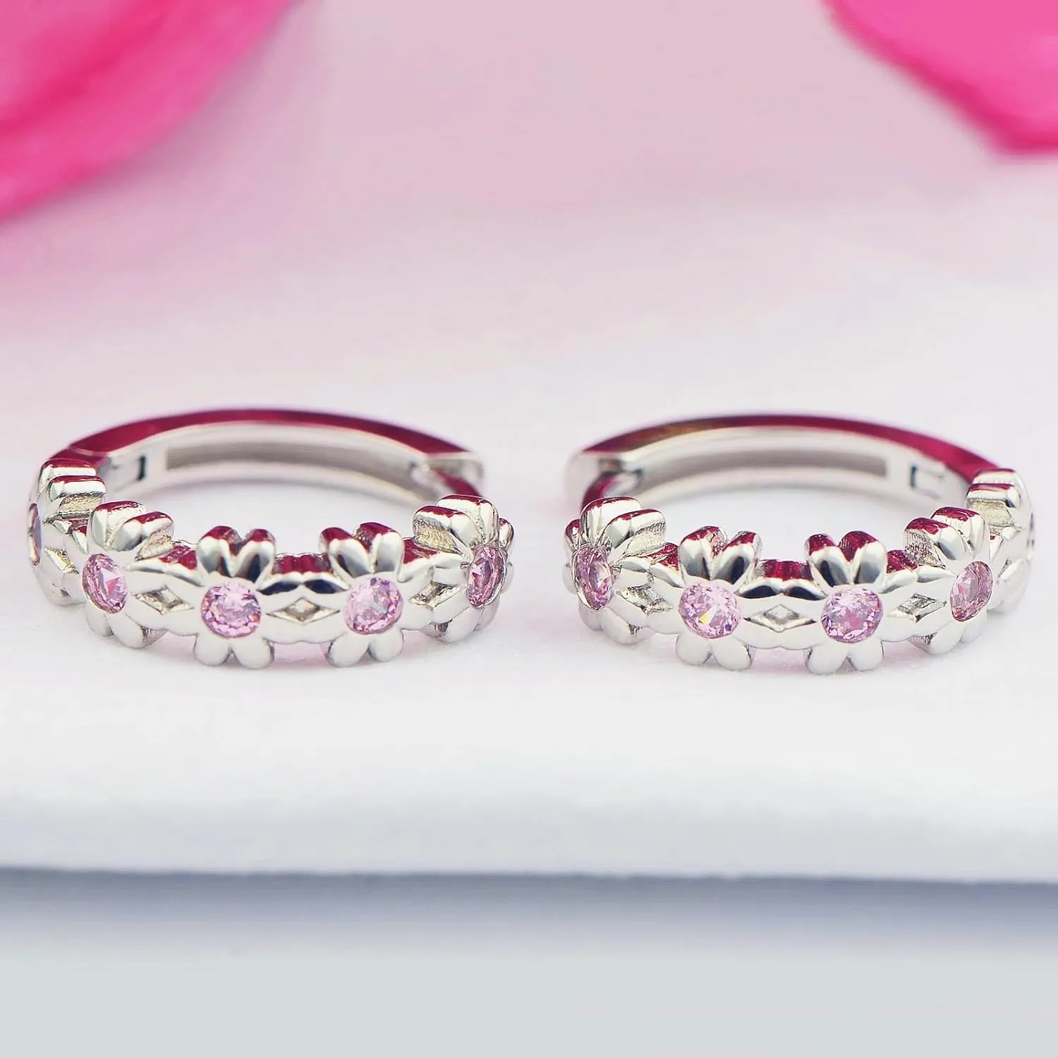 Huggie Earrings for Women Hypoallergenic Earrings for Girls Mini 14K Yellow Gold Plated Toddler Kids Cubic Zirconia Daisy Flower Small Hoop Earrings