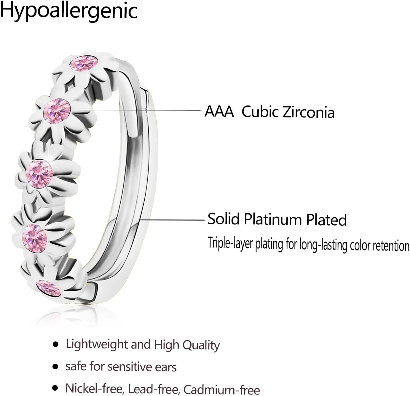 Huggie Earrings for Women Hypoallergenic Earrings for Girls Mini 14K Yellow Gold Plated Toddler Kids Cubic Zirconia Daisy Flower Small Hoop Earrings