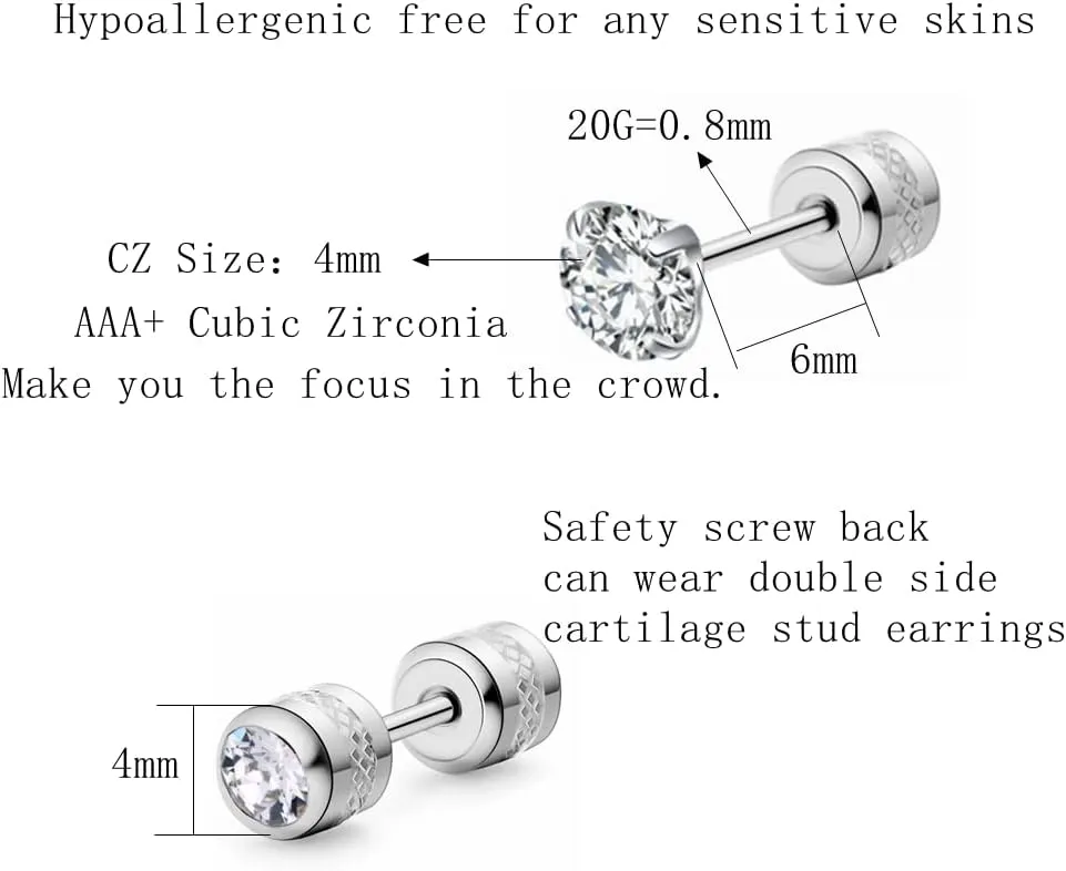 Hypoallergenic double sided diamond Stud Earrings For Womens Men Secure Safety Screw back Cartilage CZ Stud Earrings