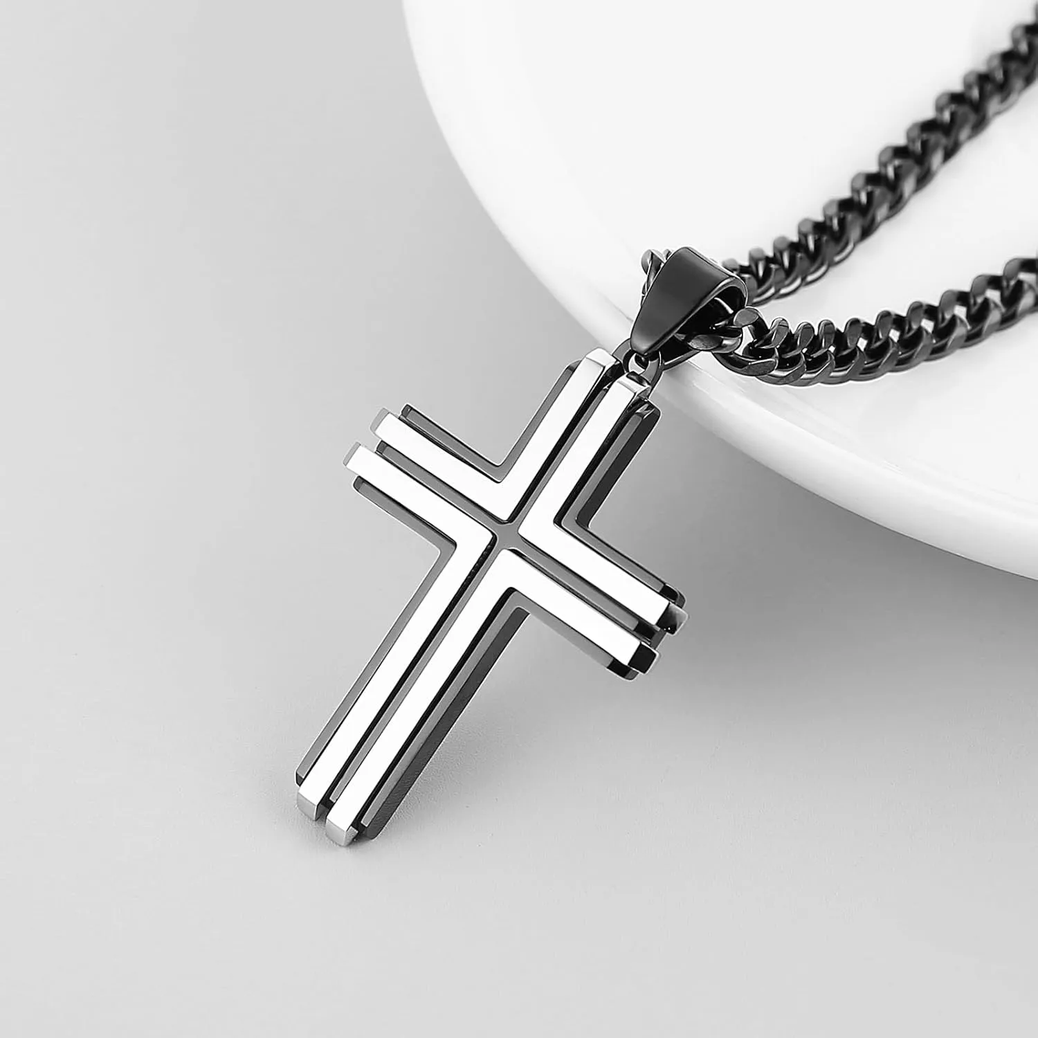 HZMAN Cross Necklace for Men Stainless Steel High Polished Double Layer Cross Necklace Pendant Christian Faith Jewelry Gift with 24Inch Cuban Chain