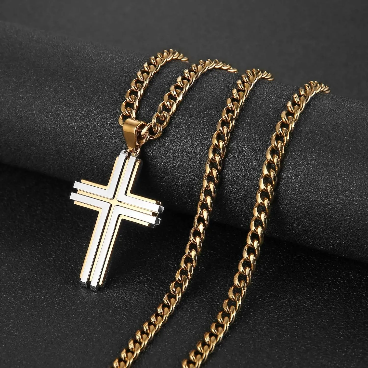 HZMAN Cross Necklace for Men Stainless Steel High Polished Double Layer Cross Necklace Pendant Christian Faith Jewelry Gift with 24Inch Cuban Chain