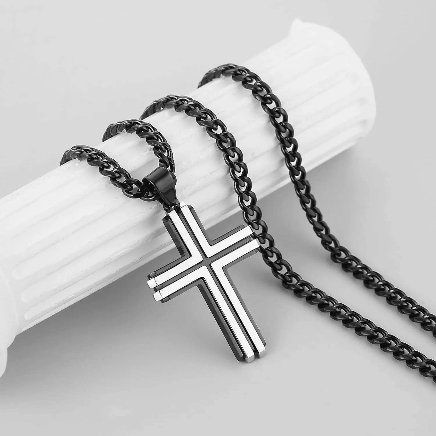 HZMAN Cross Necklace for Men Stainless Steel High Polished Double Layer Cross Necklace Pendant Christian Faith Jewelry Gift with 24Inch Cuban Chain
