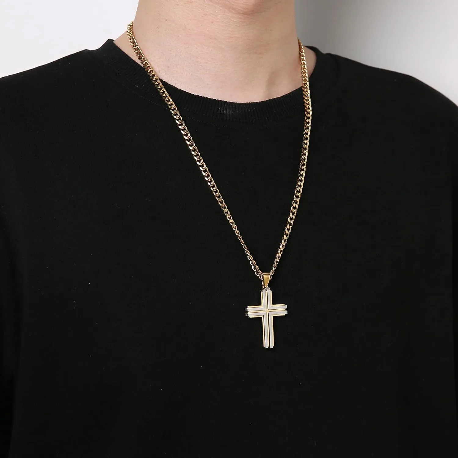 HZMAN Cross Necklace for Men Stainless Steel High Polished Double Layer Cross Necklace Pendant Christian Faith Jewelry Gift with 24Inch Cuban Chain