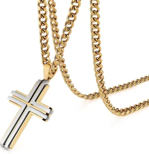 HZMAN Cross Necklace for Men Stainless Steel High Polished Double Layer Cross Necklace Pendant Christian Faith Jewelry Gift with 24Inch Cuban Chain