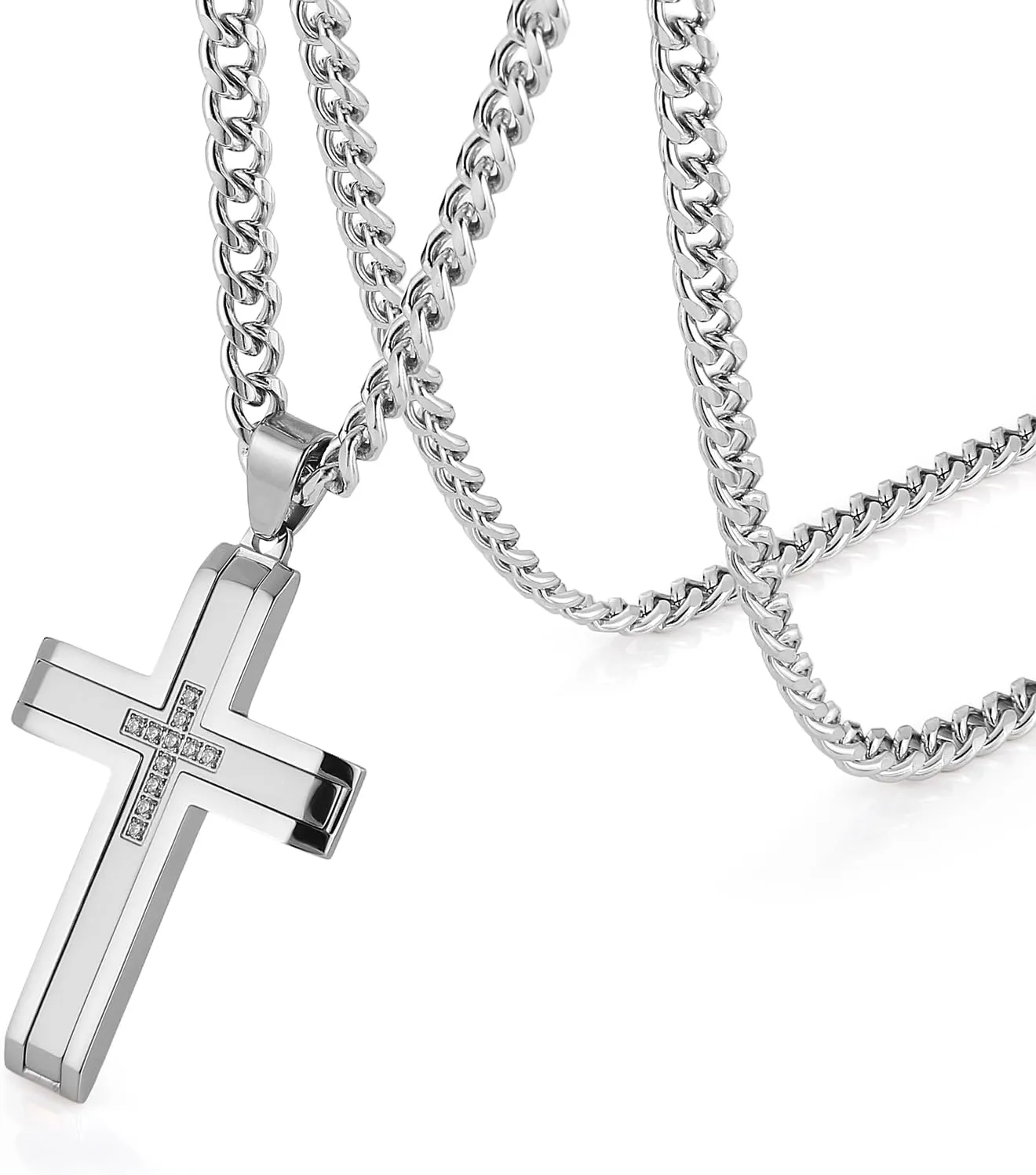 HZMAN Cross Necklace for Men Stainless Steel High Polished Minimalist Cross Necklace Pendant Christian Jewelry Gift with 24Inch Cuban Chain